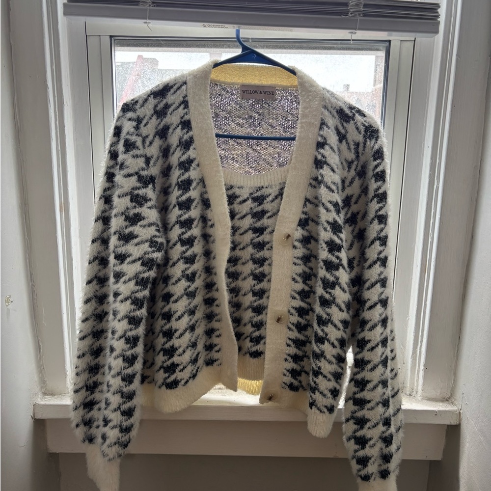Two Piece Houndstooth Cardigan Sweater Set